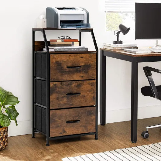 3 Drawer Storage Organizer Dresser with Wood Top and Sturdy Steel Frame-Rustic Brown