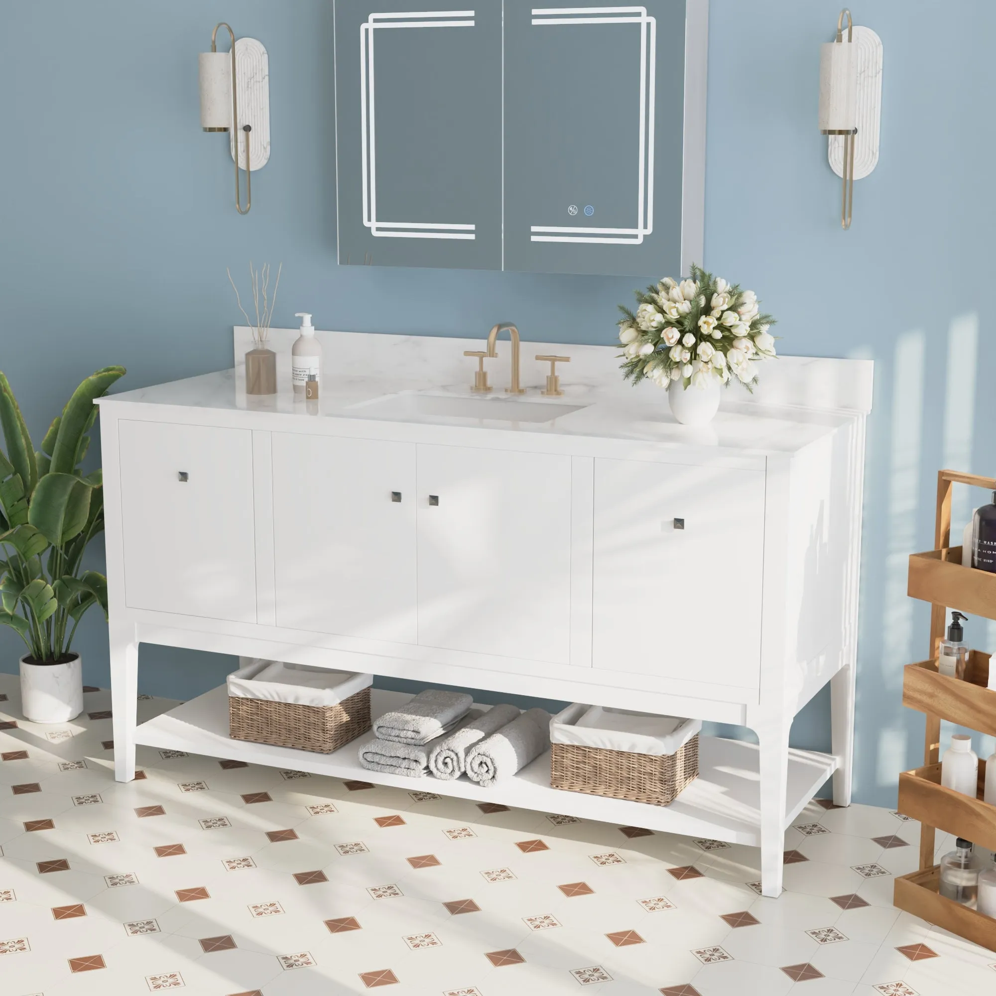 48" / 60" Pre-assembled Bathroom Vanity, with Soft Closing and Splash Guard, White.