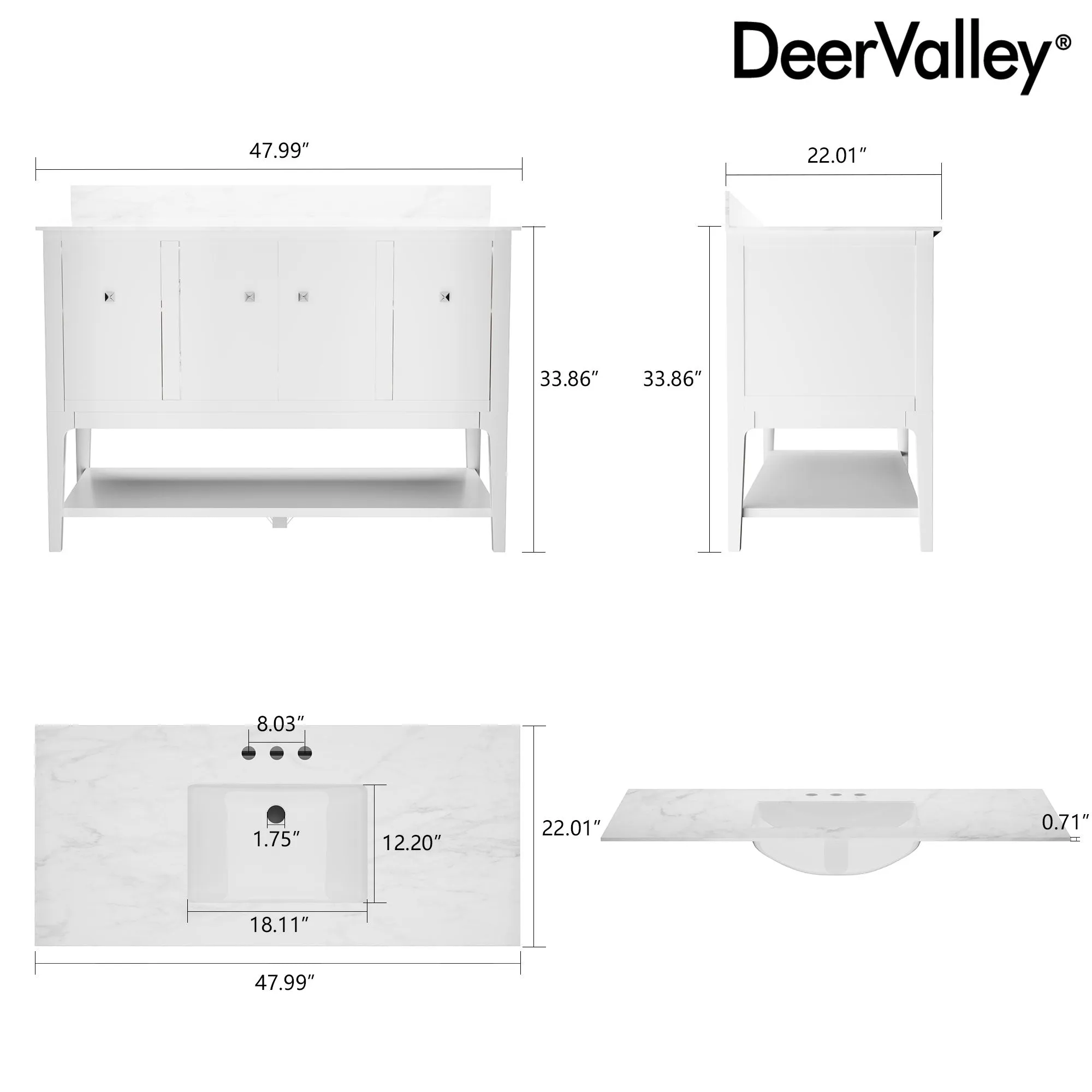 48" / 60" Pre-assembled Bathroom Vanity, with Soft Closing and Splash Guard, White.