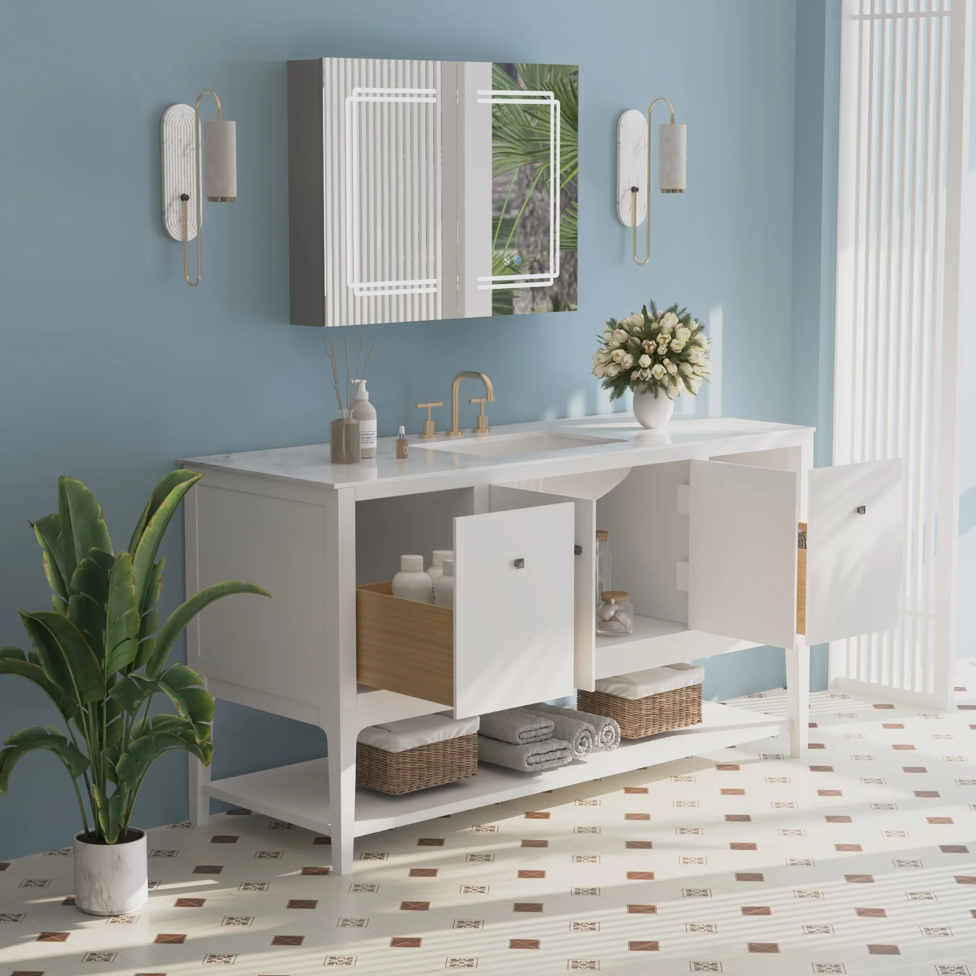 48" / 60" Pre-assembled Bathroom Vanity, with Soft Closing and Splash Guard, White.