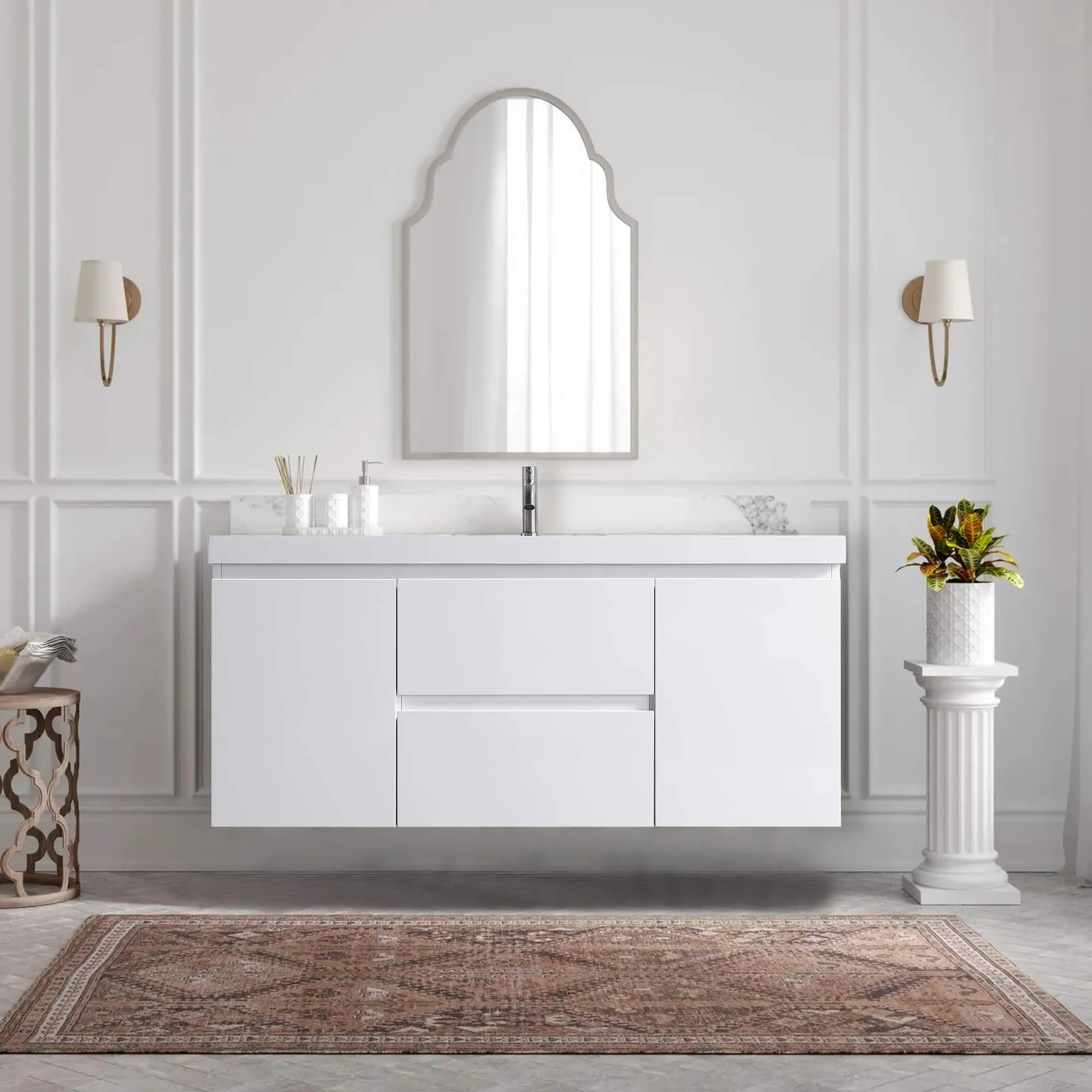 48" Floating / Wall Mount White Bathroom Vanity with Sink Drawers and Cabinets