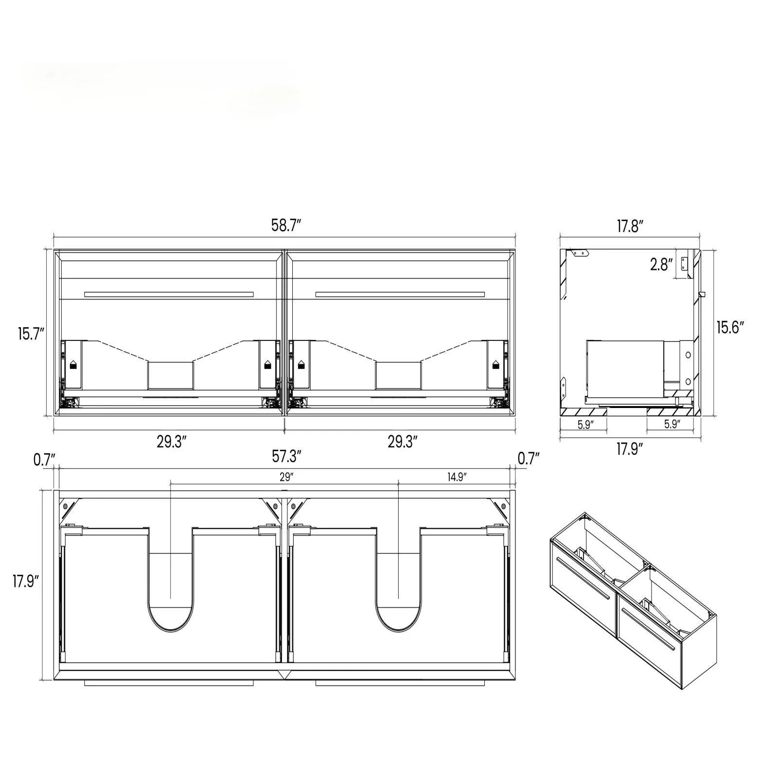 60" Wall Mounted Bathroom Storage Vanity with Double Undermount Sink & LED