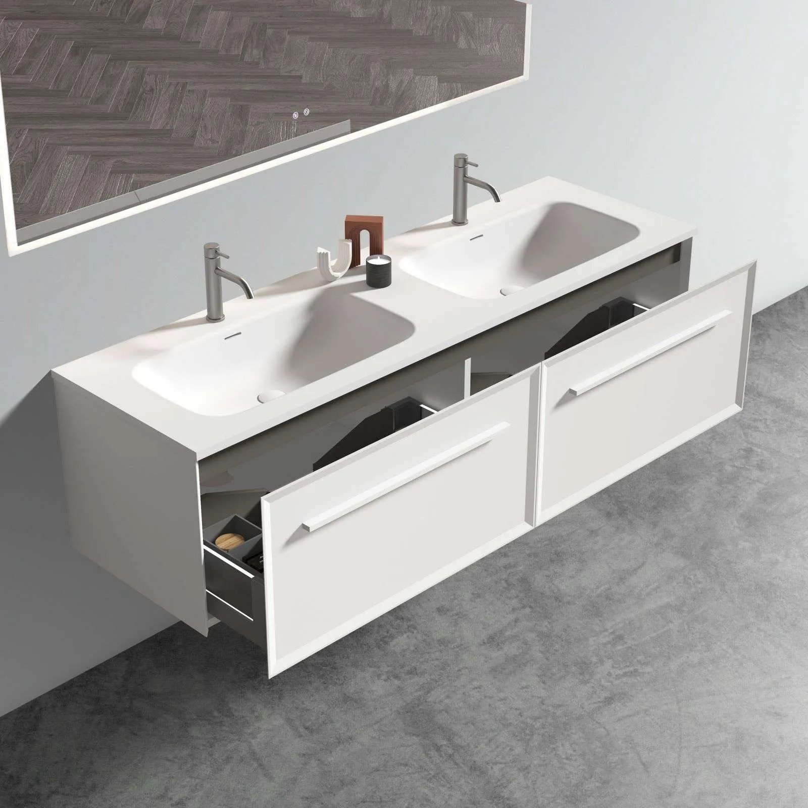 60" Wall Mounted Bathroom Storage Vanity with Double Undermount Sink & LED