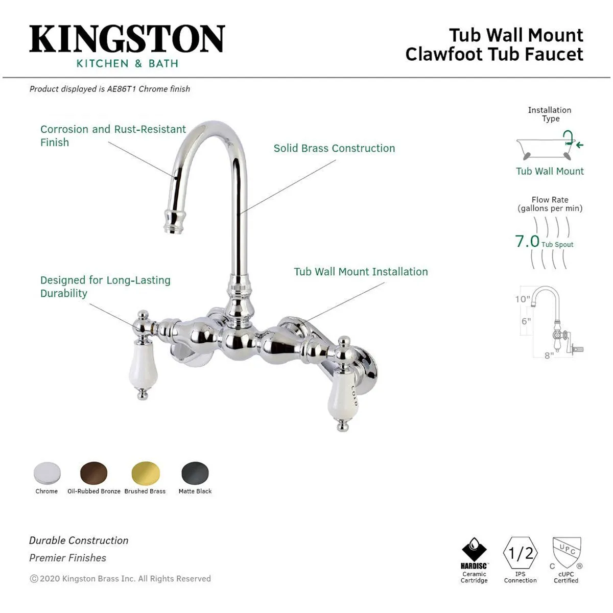 Aqua Vintage AE85TX-P Adjustable Center Wall Mount Tub Faucet