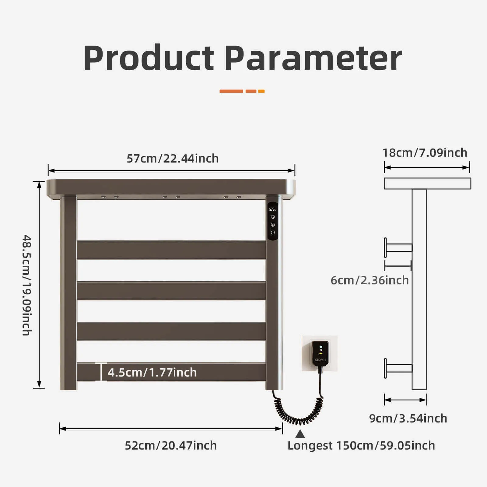 Gray Plug-In Heated Towel Rack