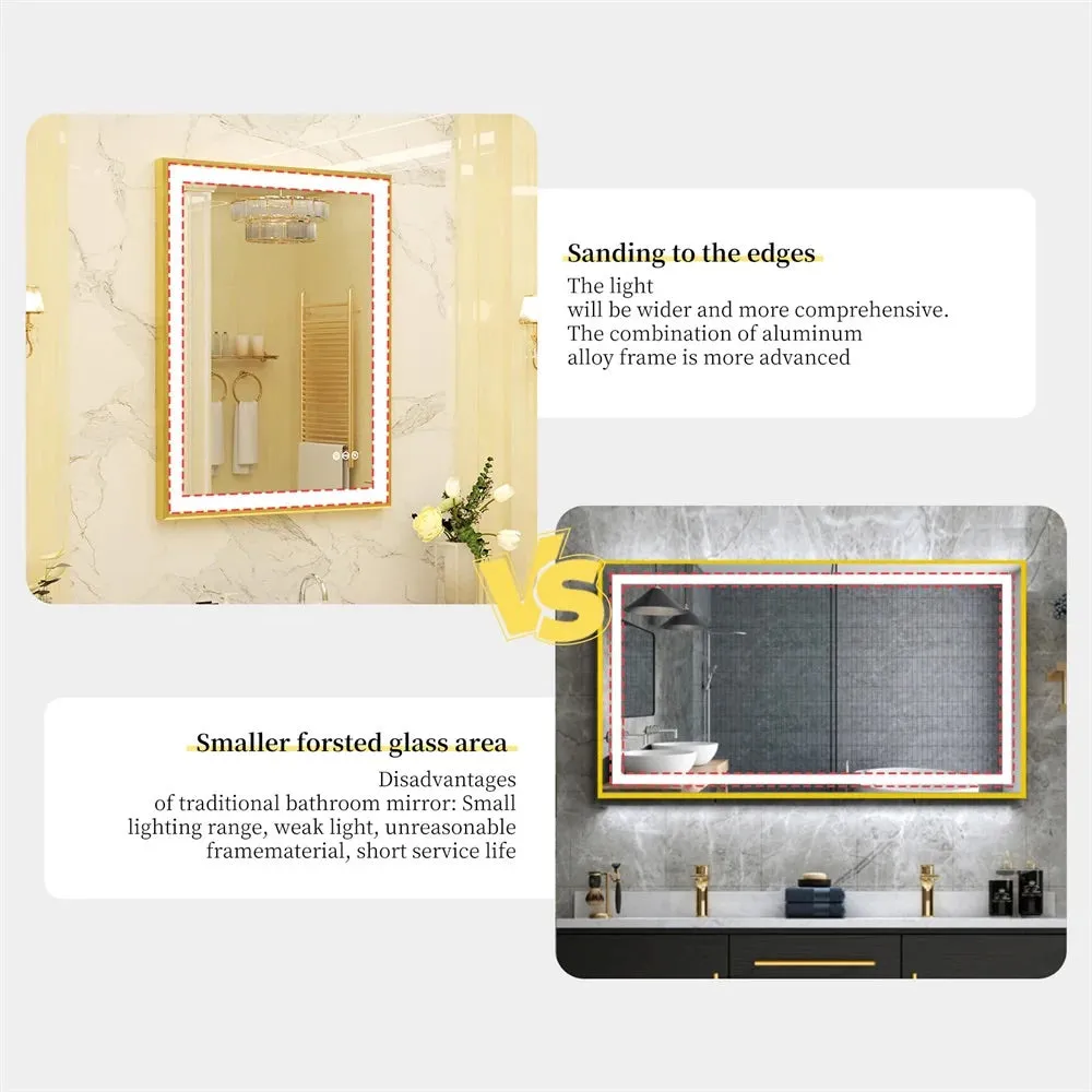 High-end Gold Frame LED Illuminated Bathroom Mirror - Dimmable, Anti-fog