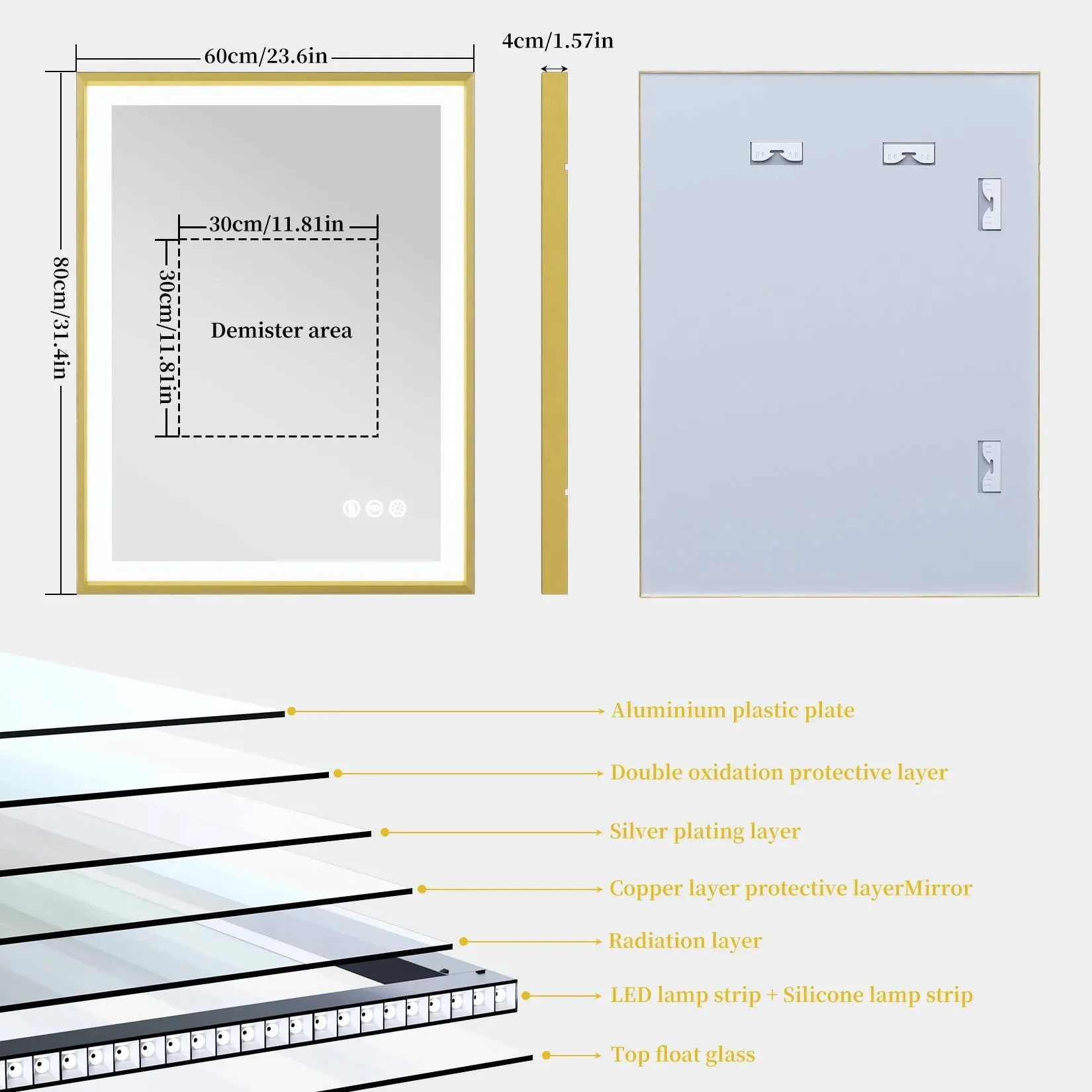 High-end Gold Frame LED Illuminated Bathroom Mirror - Dimmable, Anti-fog