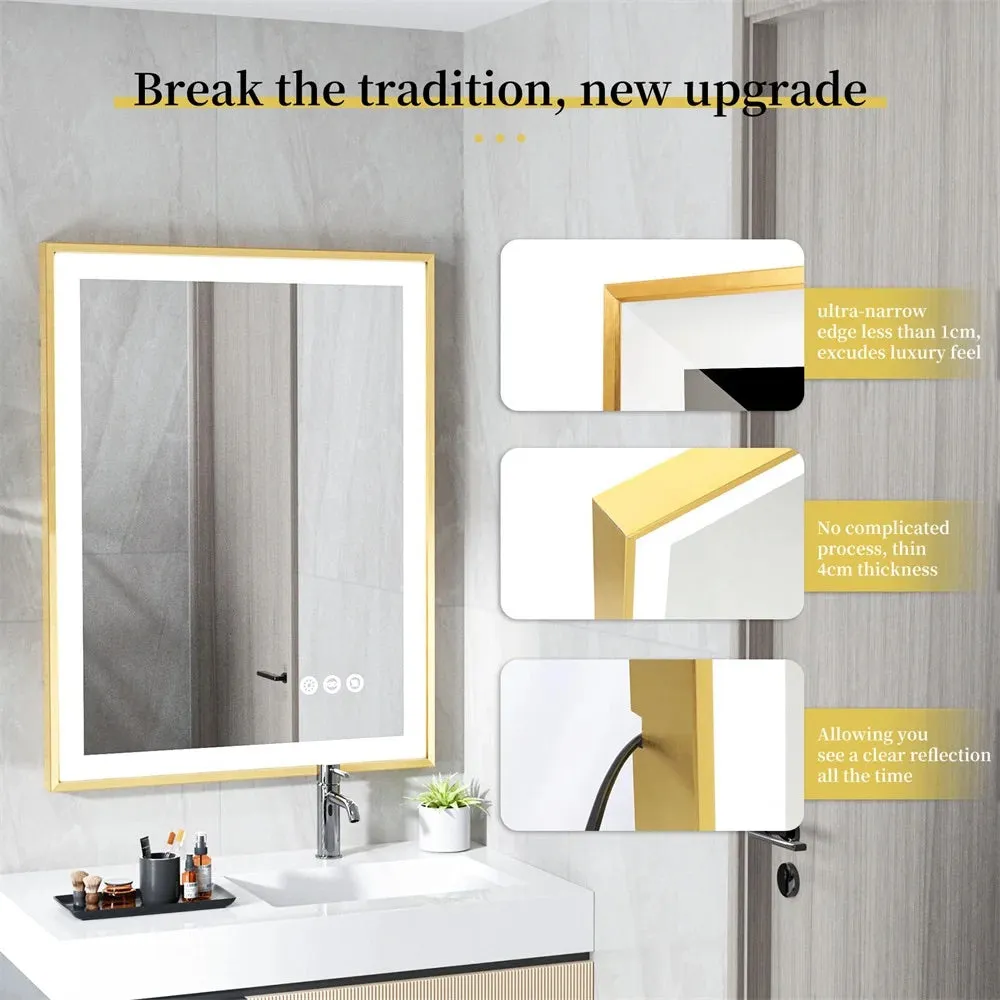 High-end Gold Frame LED Illuminated Bathroom Mirror - Dimmable, Anti-fog