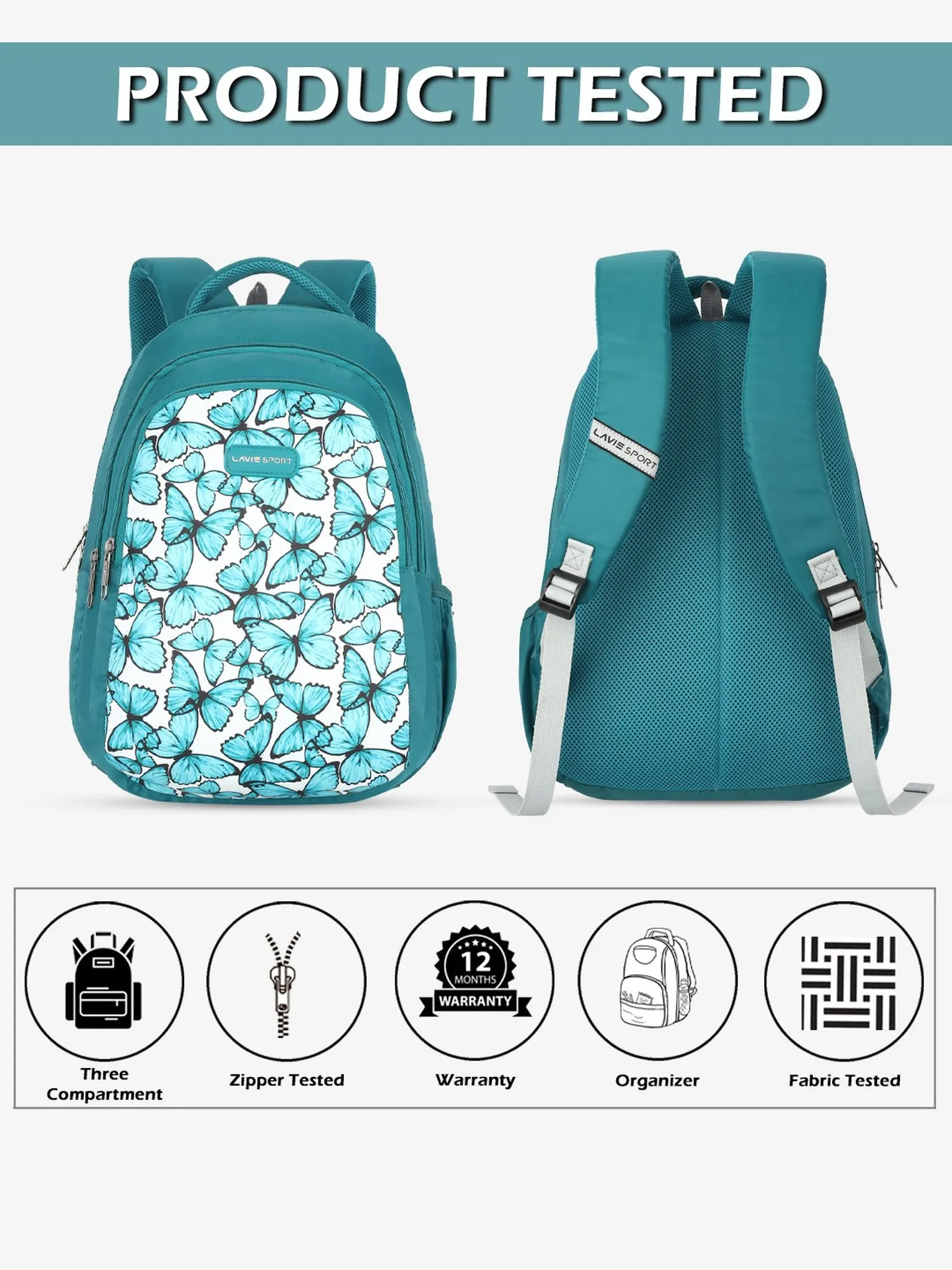 Lavie Sport Blue Fly 26L Printed 17" School Backpack for Girls Teal