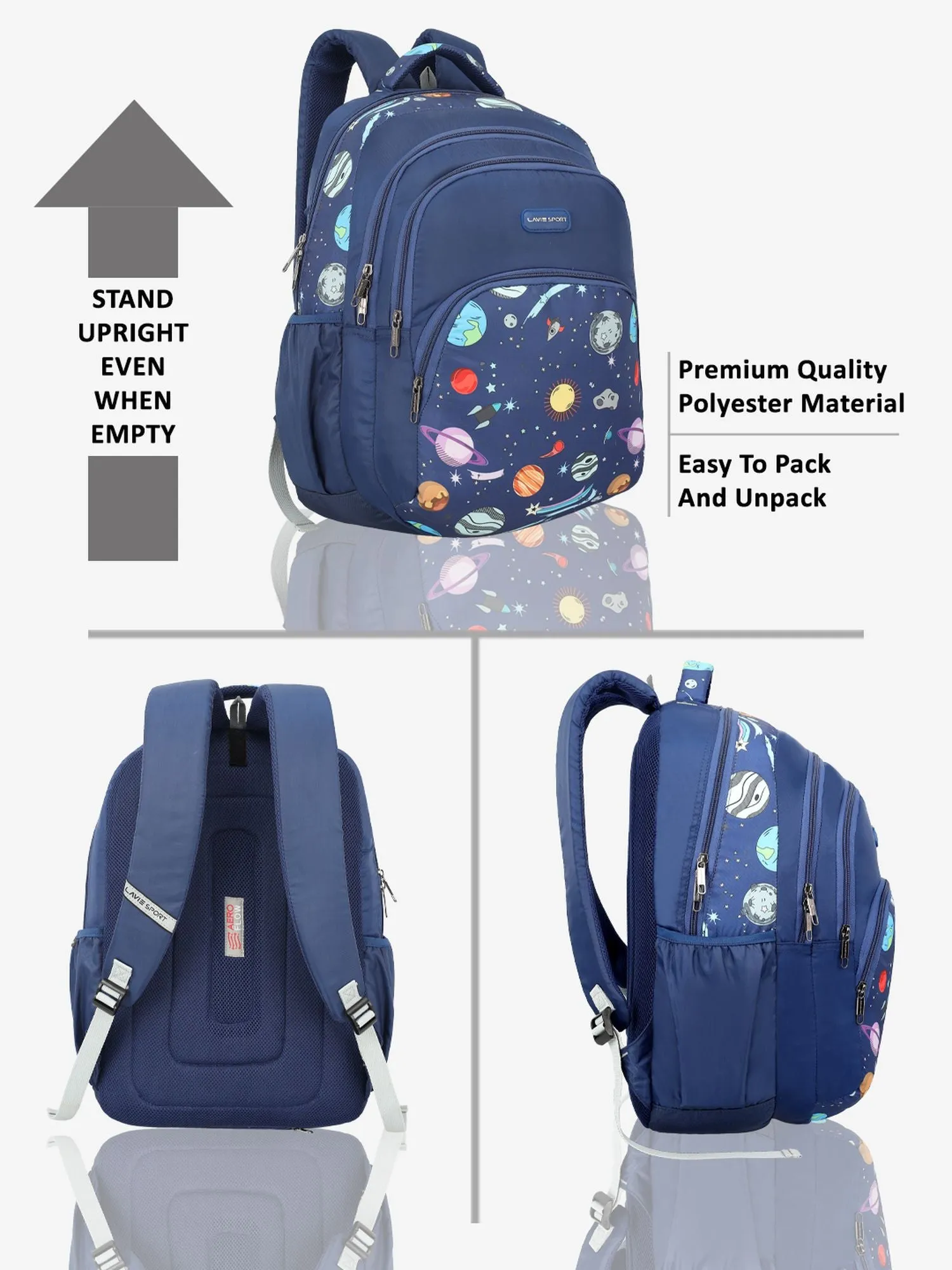 Lavie Sport Planet 39L Printed School Unisex Backpack with Rain cover for Boys & Girls Navy