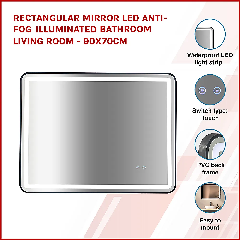 LED Anti-Fog Rectangular Mirror, Touch Control, 90x70cm