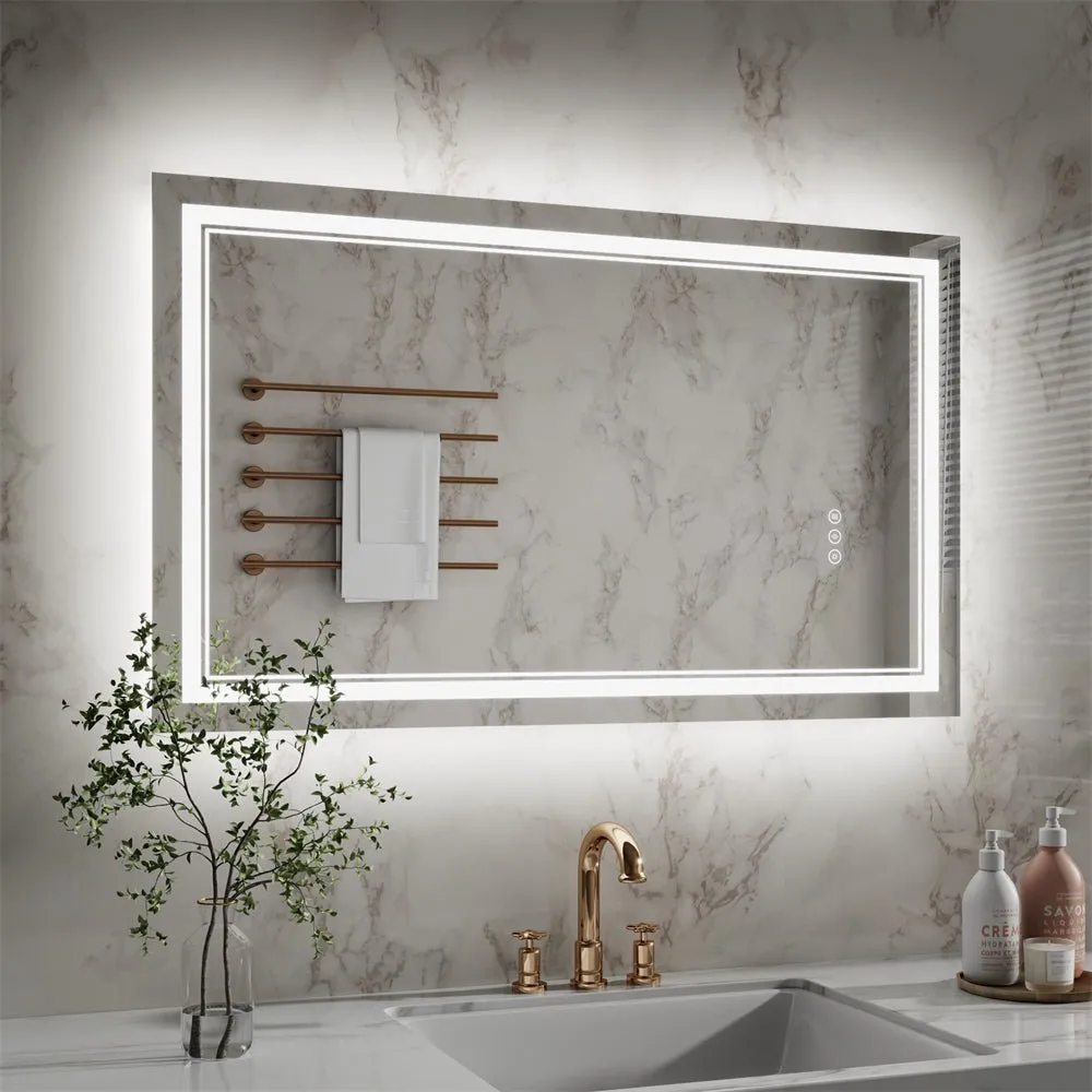 Linea 40" W x 24" H LED Heated Bathroom Mirror,Anti Fog,Dimmable,Front-Lighted and Backlit, Tempered Glass