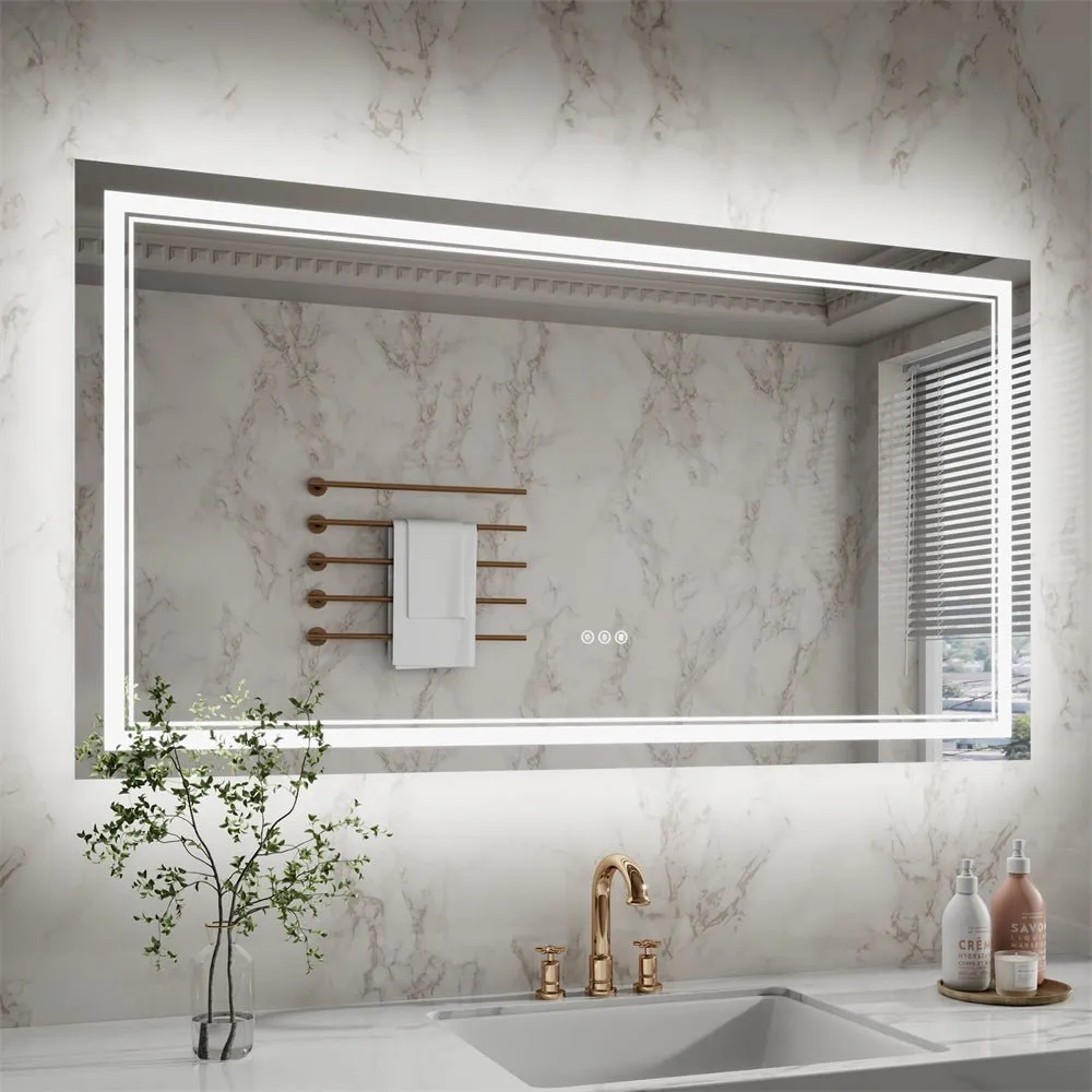 Linea 55" W x 30" H LED Heated Bathroom Mirror,Anti Fog,Dimmable,Front-Lighted and Backlit, Tempered Glass