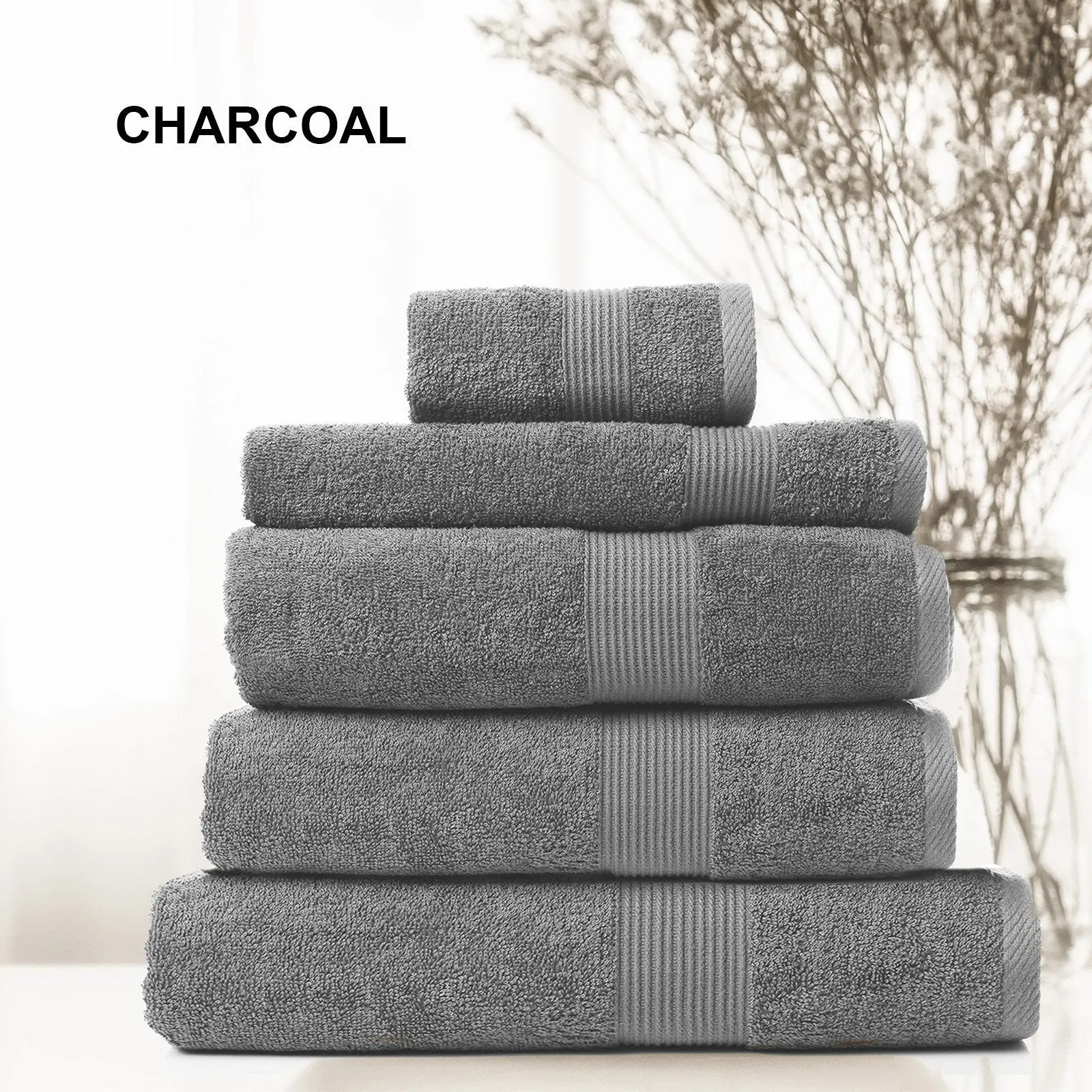 Royal Comfort 5 Piece Cotton Bamboo Towel Set 450GSM Luxurious Absorbent Plush Charcoal