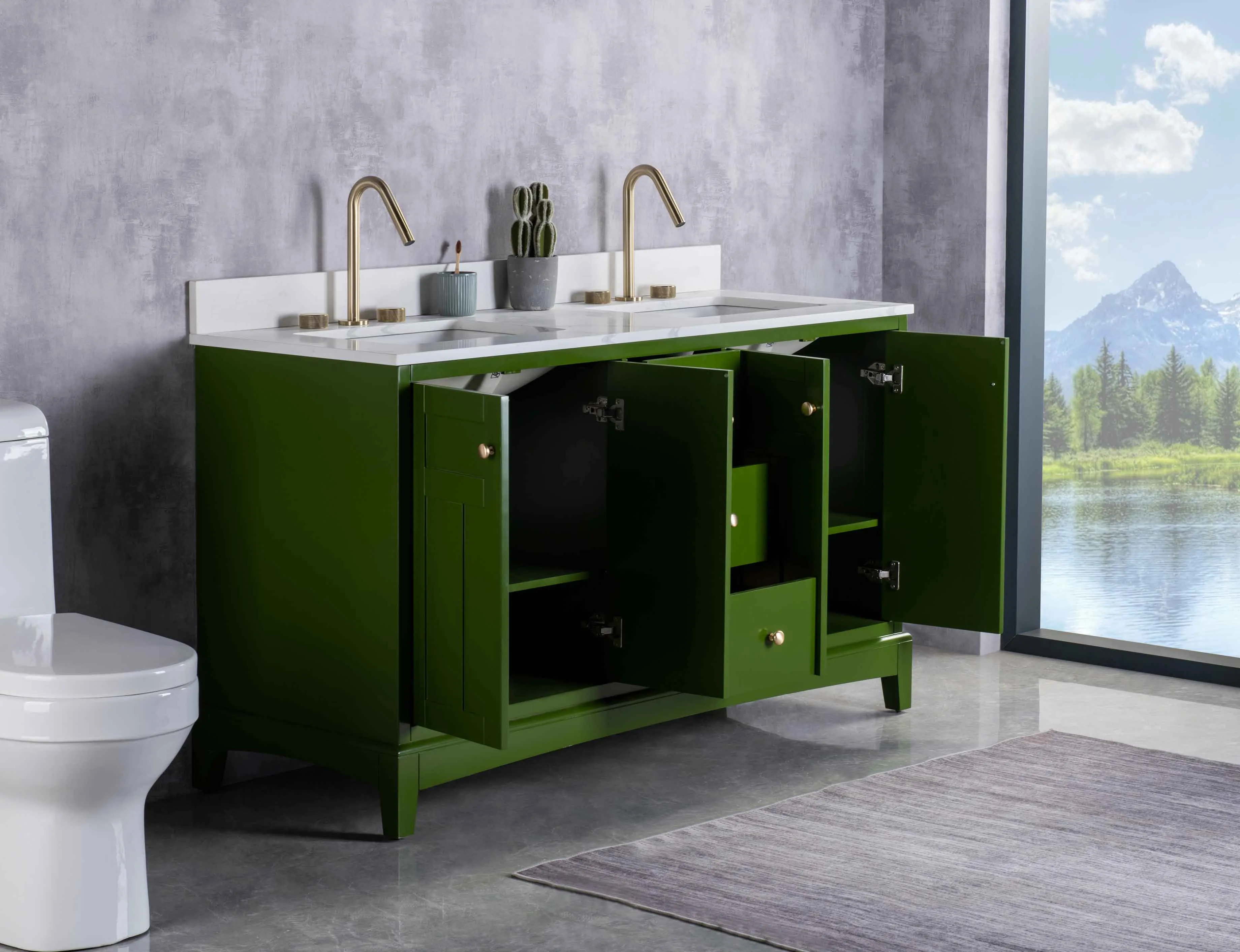 Rubeza 1500mm Pergamum Vanity Unit with Calacatta Quartz Top - Grass Green & Gold